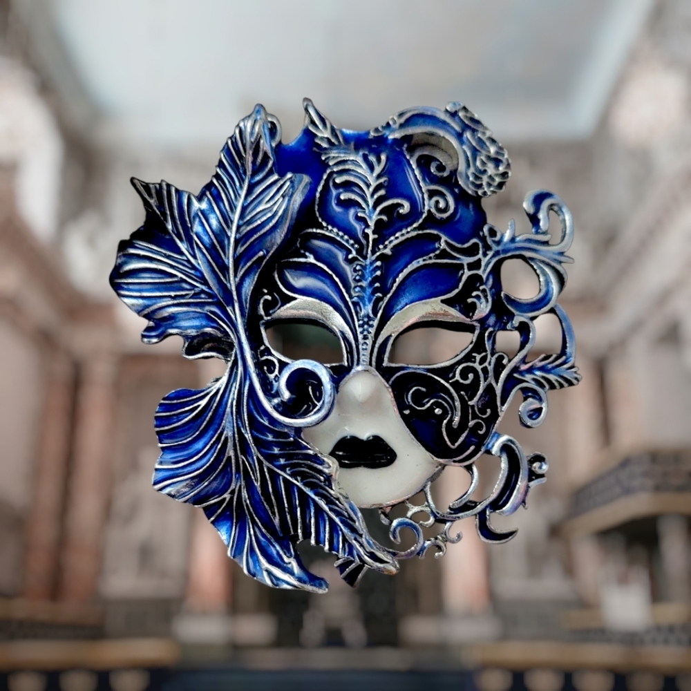 Elegant Blue and Silver Mask Brooch